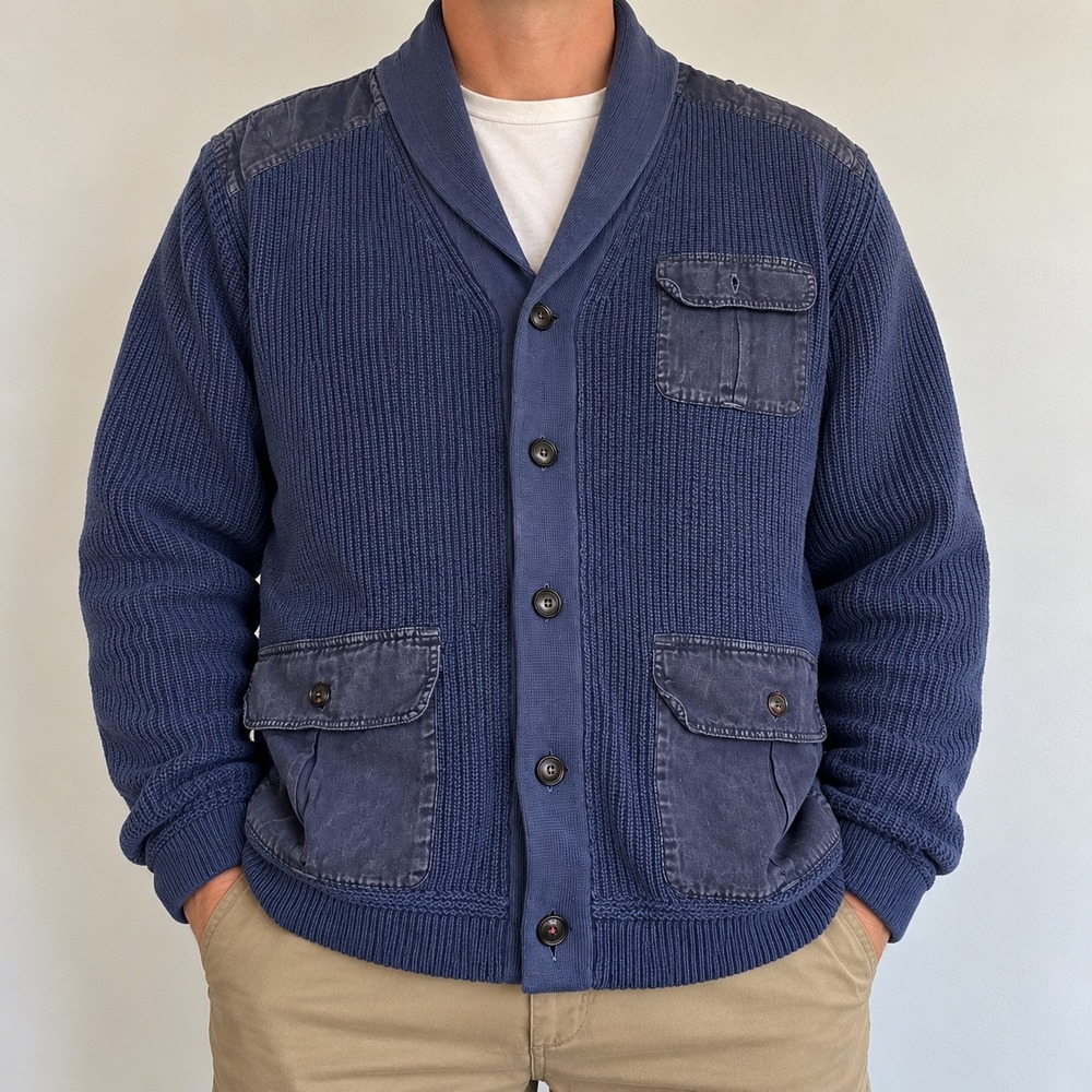 Orvis XXL Navy Shawl Collar Cardigan Sweater Field Jacket Cotton Knit Utily